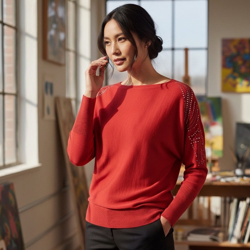 Questions Womens Sweater Red/Rhinestones Long Sleeve/Fitted Size-Medium EUC